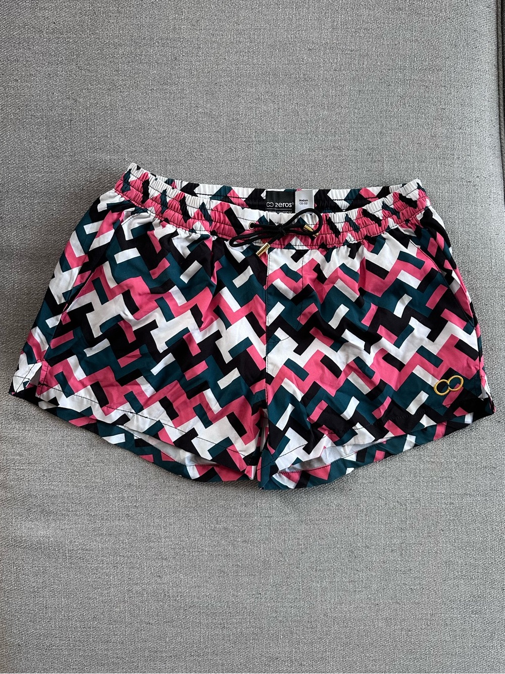 2eros Men's Geometric Pink, White, Black and Green Swim Trunks Medium